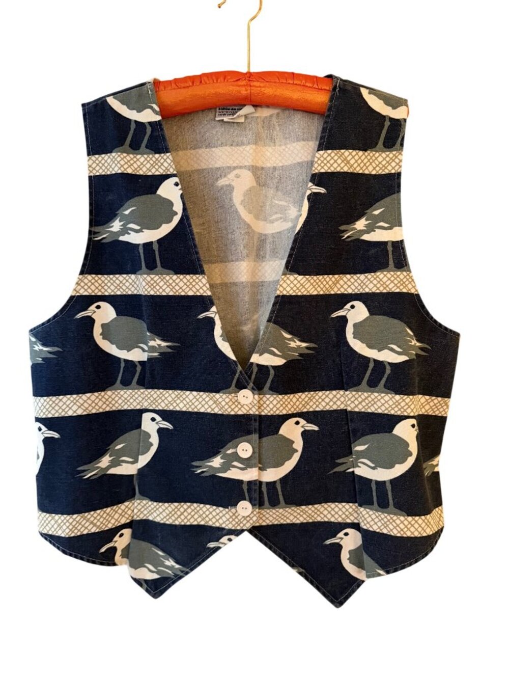 Michigan Rags Mens 90s All-over Seagull Print Denim Vest Size Medium Blue USA